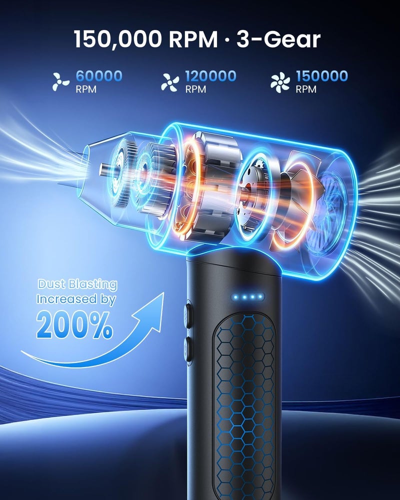 LOXP Electric Air Duster – 150000RPM Powerful Compressed Air Duster with LED Light, 3 Gears, 7500mAh Battery & Fast Charging, Rechargeable Air Blower for Computer, Keyboard, PC, Car, House & Outdoor - Image 2